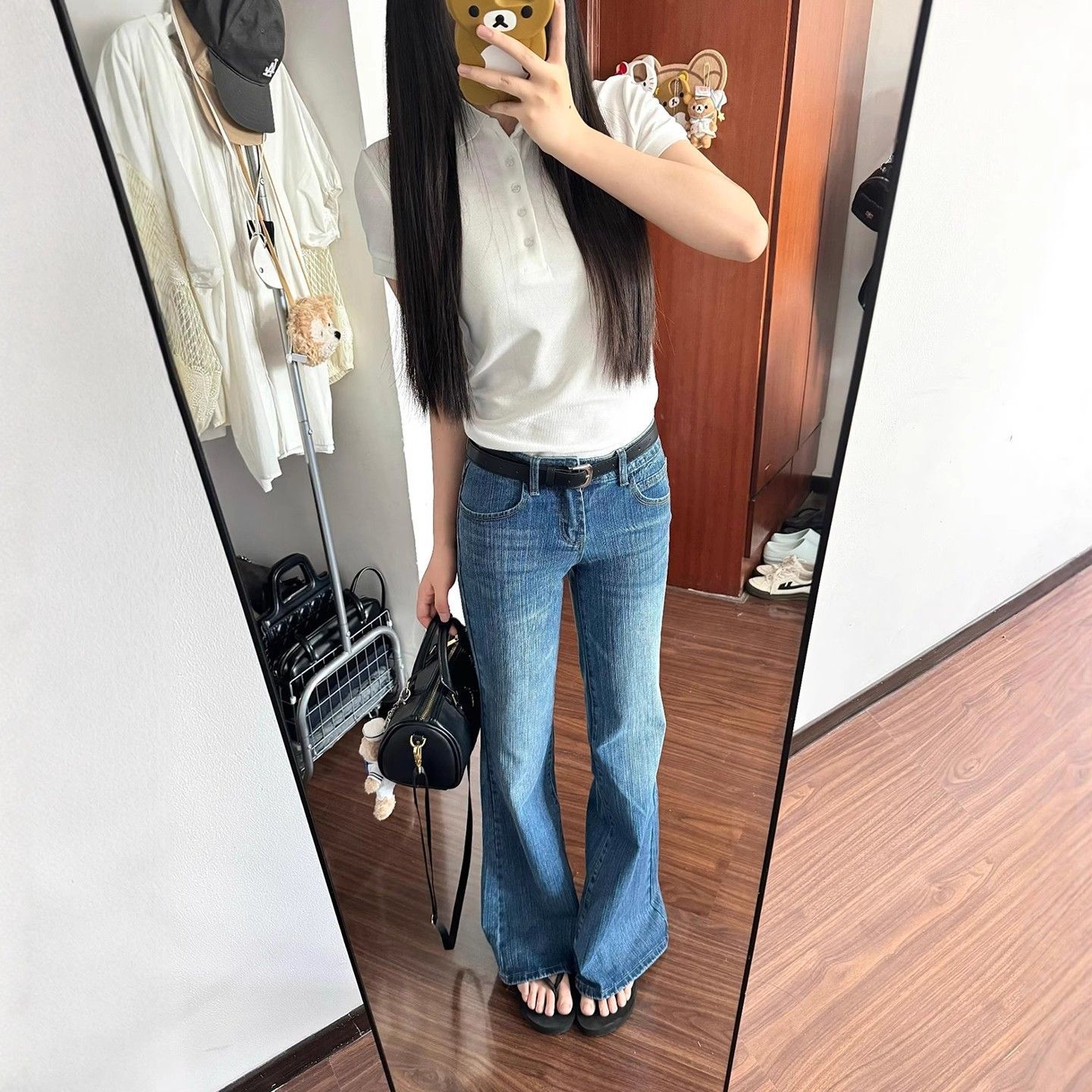 復古竹節紋低腰微喇牛仔褲女春夏寬松垂感設計感百搭爆款遮肉長褲