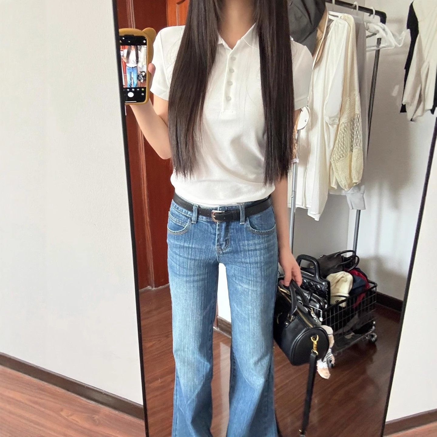復古竹節紋低腰微喇牛仔褲女春夏寬松垂感設計感百搭爆款遮肉長褲