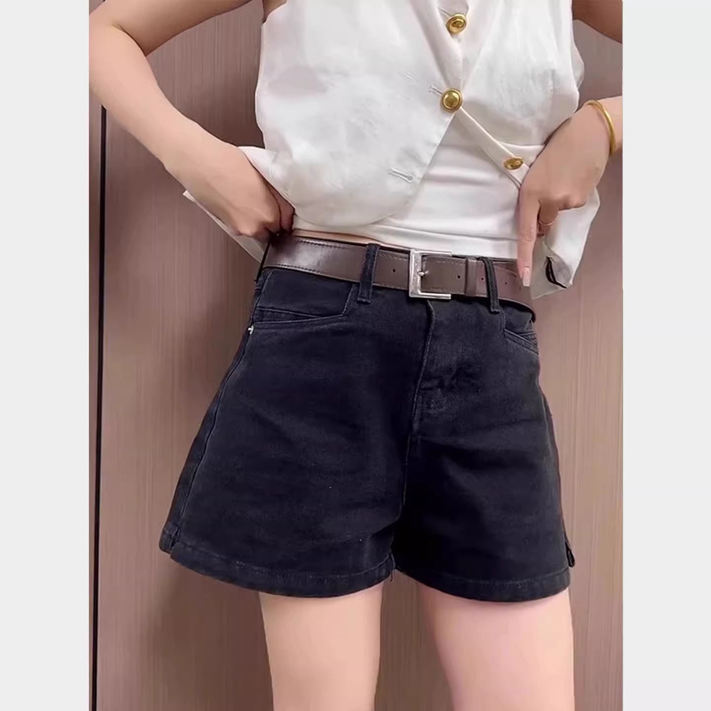 黑色開叉牛仔短褲女夏季薄款大碼胖mm小個子高腰顯瘦a字闊腿熱褲