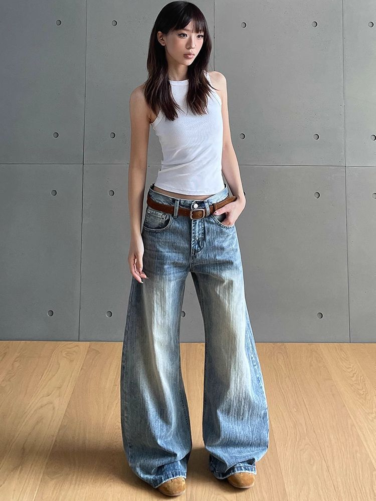 小個子美式辣妹水洗彎刀高腰牛仔褲女春夏新款不貼腿寬松百搭長褲