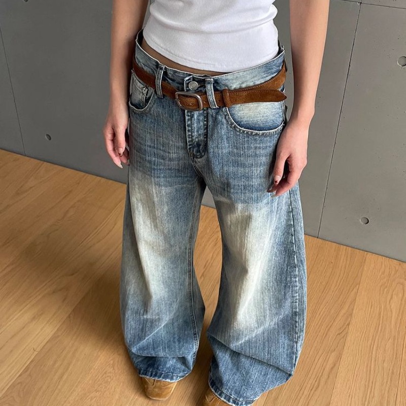 小個子美式辣妹水洗彎刀高腰牛仔褲女春夏新款不貼腿寬松百搭長褲