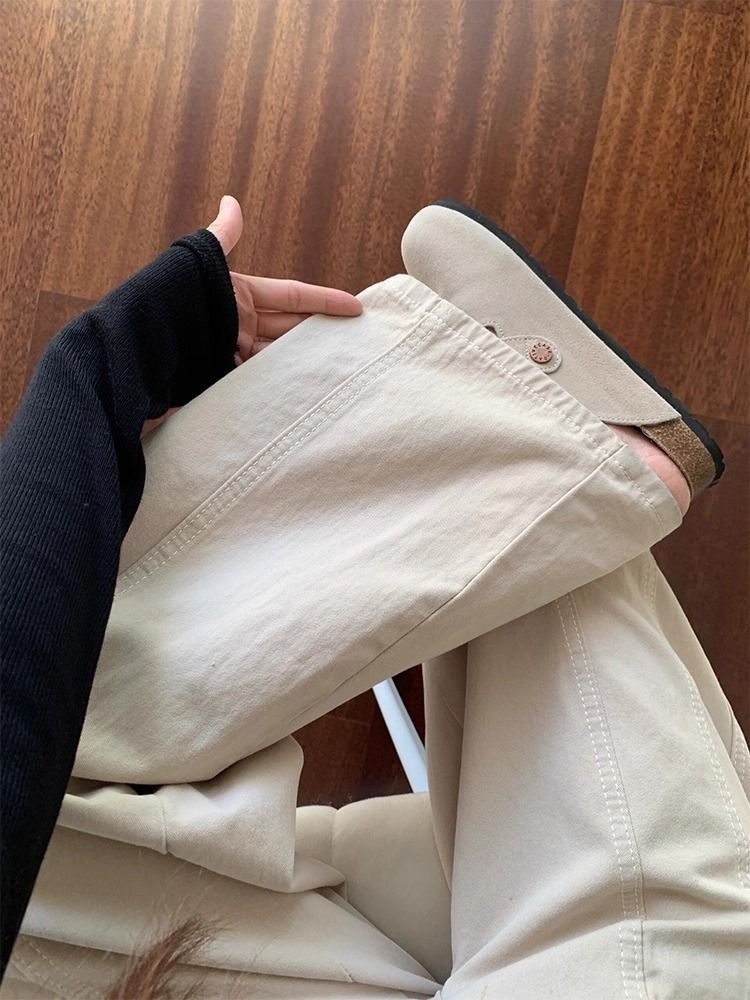 小個子復古杏色闊腿牛仔褲女春季新款高腰寬松顯瘦垂感直筒拖地褲