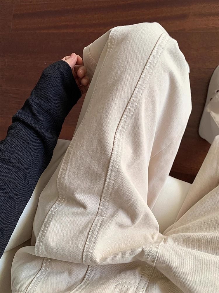 小個子復古杏色闊腿牛仔褲女春季新款高腰寬松顯瘦垂感直筒拖地褲
