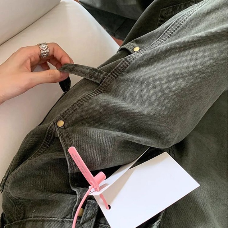 軍綠色工裝牛仔褲女春夏設計感寬松顯瘦直筒垂感闊褲小個子