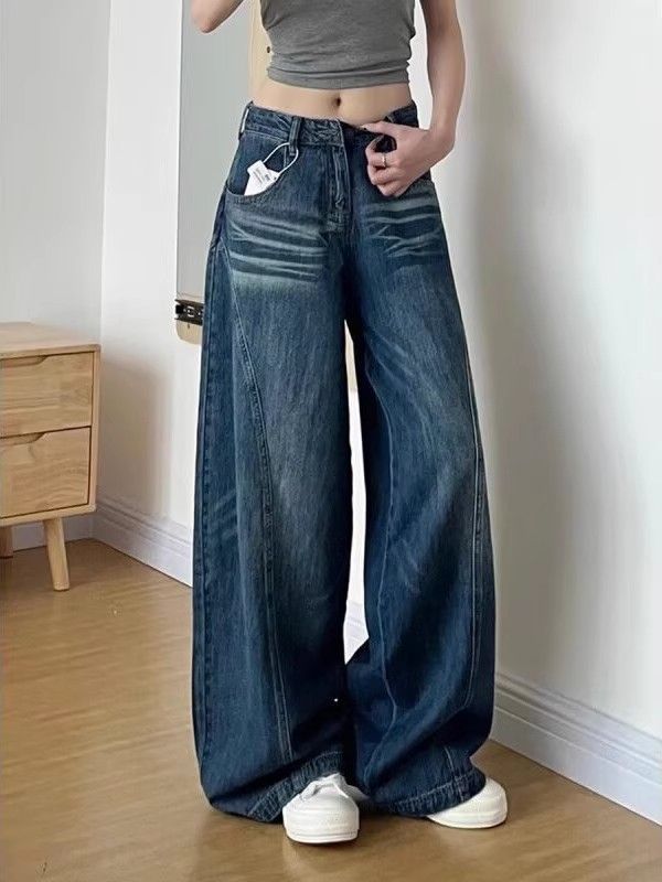 小個子美式復古水洗彎刀牛仔褲女秋季新款高腰顯瘦拖地直筒闊腿褲