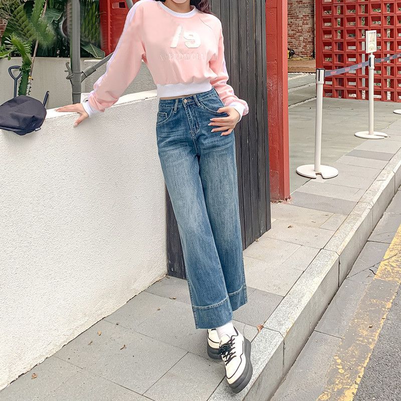 小個子加絨直筒牛仔褲女2026春夏新款高腰彈力寬松顯瘦九分闊腿褲