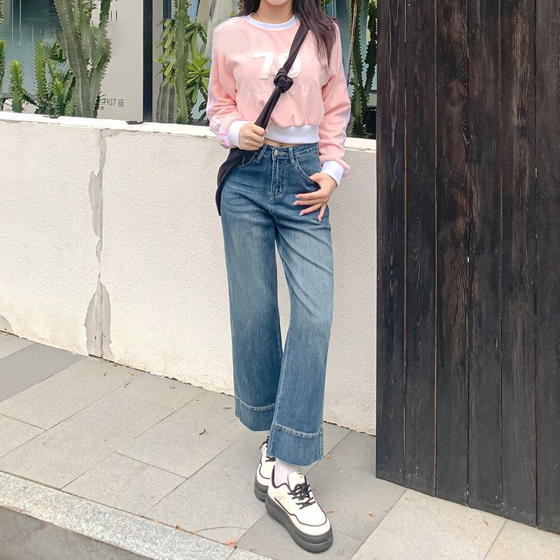小個子加絨直筒牛仔褲女2026春夏新款高腰彈力寬松顯瘦九分闊腿褲