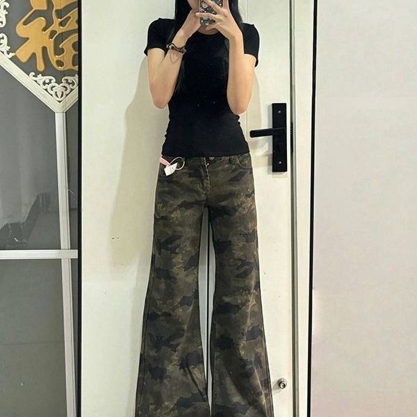 迷彩微喇叭牛仔褲女2026新款春夏新款垂感修身顯瘦美式辣妹拖地褲