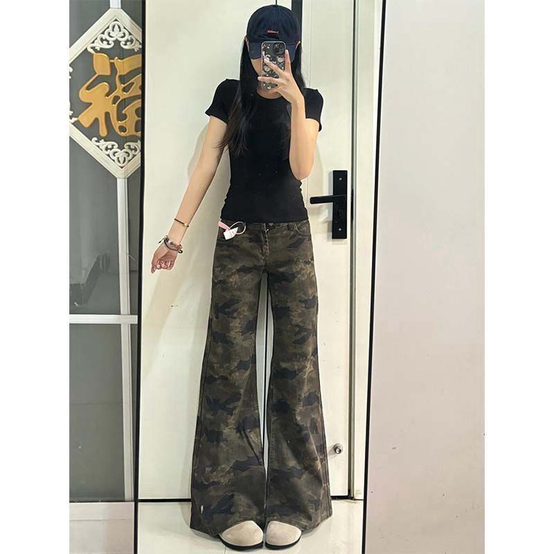 迷彩微喇叭牛仔褲女2026新款春夏新款垂感修身顯瘦美式辣妹拖地褲