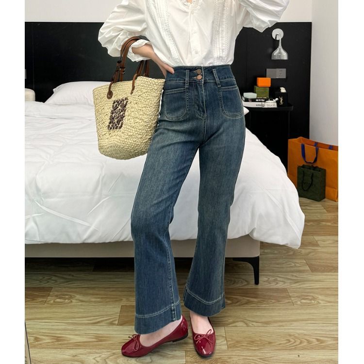 復古微喇牛仔褲女2026春夏新款高腰小個子彈力修身顯瘦九分喇叭褲