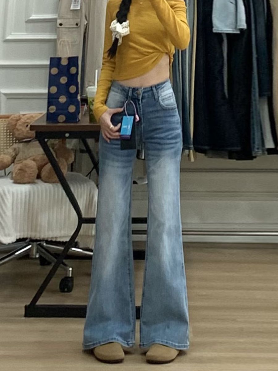 小個子美式辣妹復古低腰微喇牛仔褲女彈力修身顯瘦直筒褲馬蹄長褲