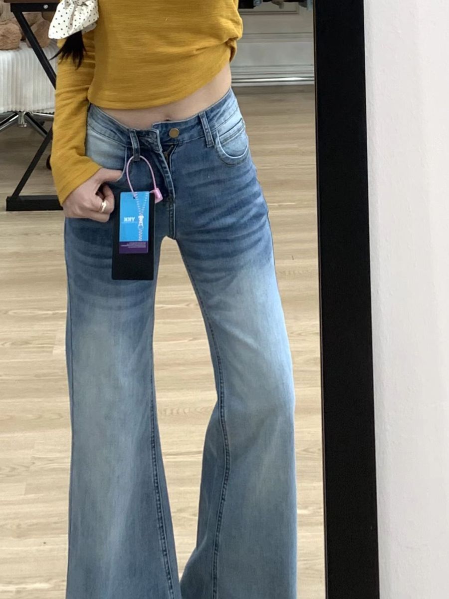 小個子美式辣妹復古低腰微喇牛仔褲女彈力修身顯瘦直筒褲馬蹄長褲