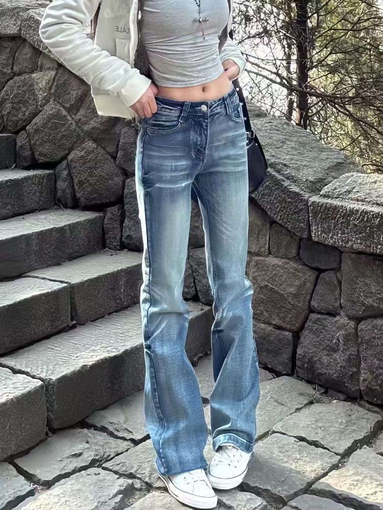 小個子美式高街辣妹淺藍色貓須牛仔褲女春夏新款彈力窄版直筒長褲