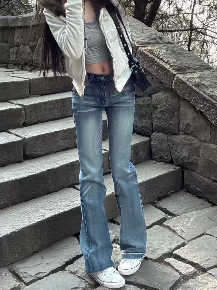 小個子美式高街辣妹淺藍色貓須牛仔褲女春夏新款彈力窄版直筒長褲