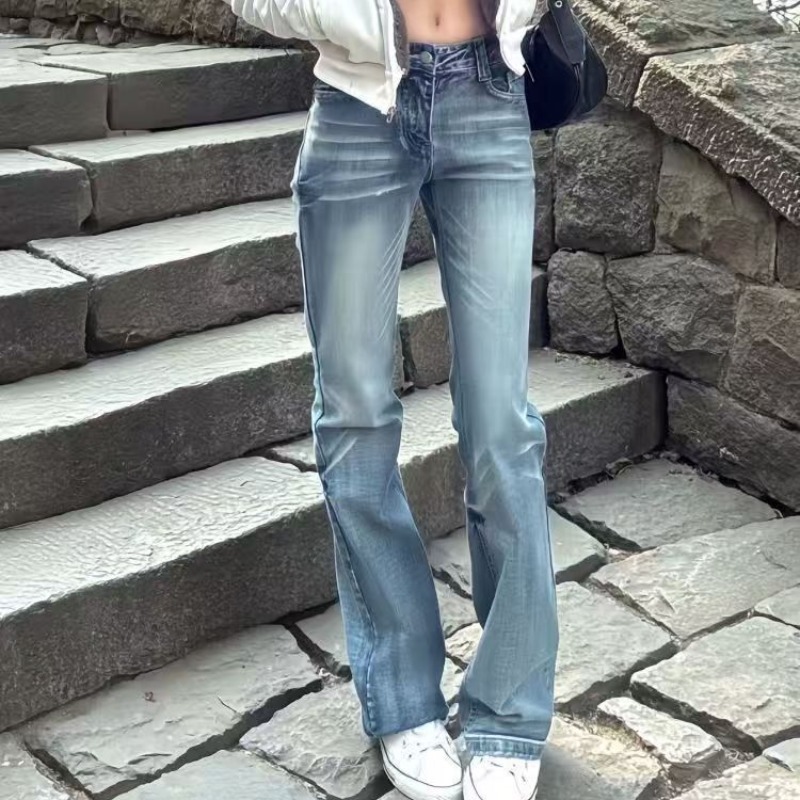 小個子美式高街辣妹淺藍色貓須牛仔褲女春夏新款彈力窄版直筒長褲