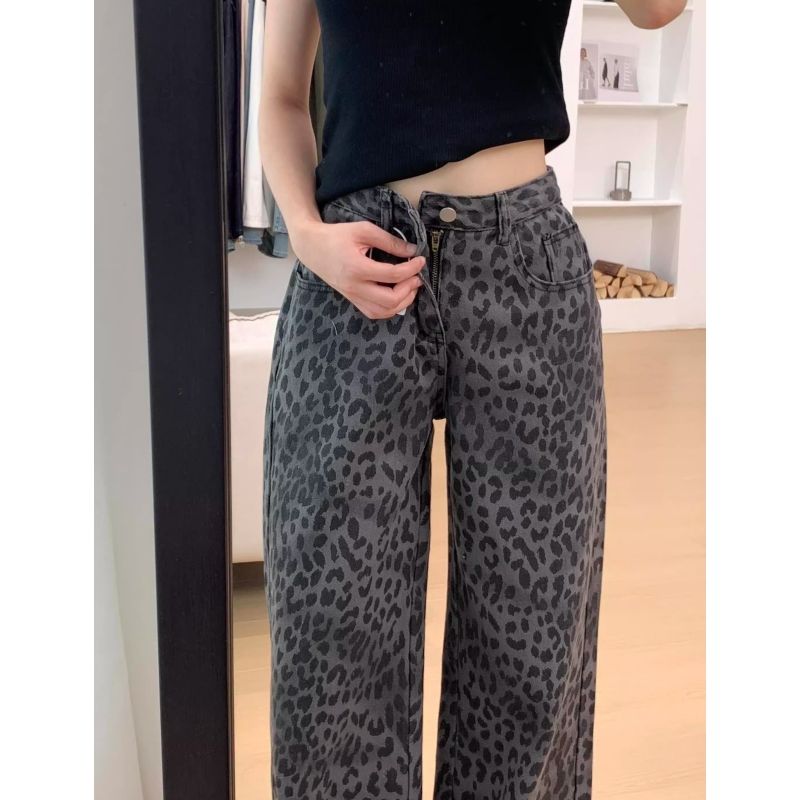 美式復古豹紋寬松直筒牛仔褲女春秋新款高腰顯瘦垂感拖地闊腿褲子