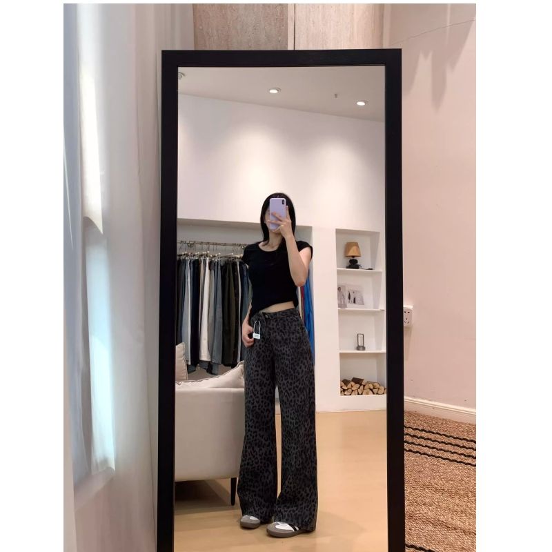 美式復古豹紋寬松直筒牛仔褲女春秋新款高腰顯瘦垂感拖地闊腿褲子