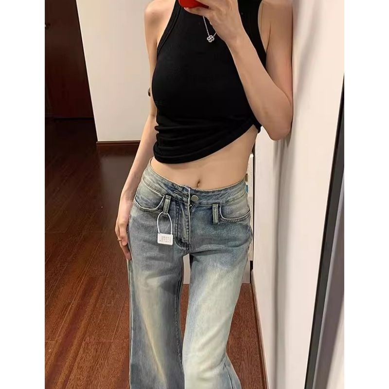 美式復古水洗微喇牛仔褲女春夏新款辣妹低腰修身顯瘦不貼腿直筒褲