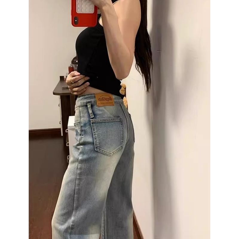 美式復古水洗微喇牛仔褲女春夏新款辣妹低腰修身顯瘦不貼腿直筒褲