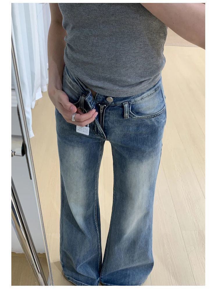 小個子高街辣妹淺藍色微喇牛仔褲女春秋新款顯瘦百搭彈力喇叭褲子