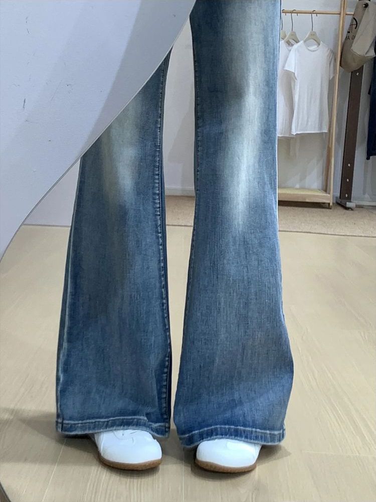 小個子高街辣妹淺藍色微喇牛仔褲女春秋新款顯瘦百搭彈力喇叭褲子