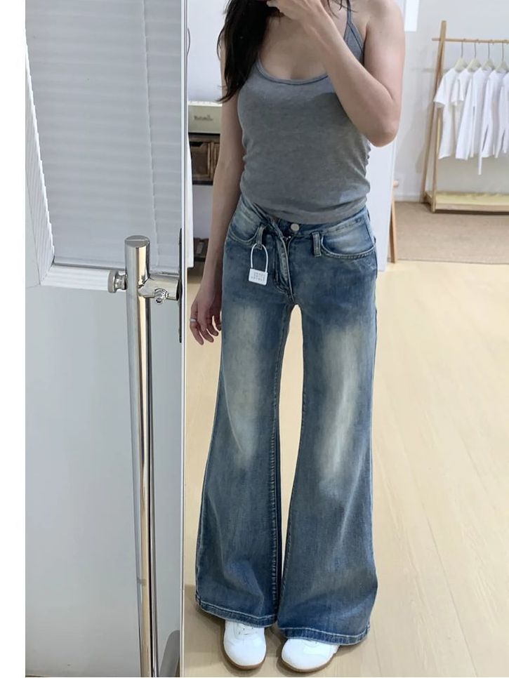 小個子高街辣妹淺藍色微喇牛仔褲女春秋新款顯瘦百搭彈力喇叭褲子