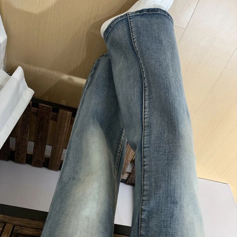 小個子高街辣妹淺藍色微喇牛仔褲女春秋新款顯瘦百搭彈力喇叭褲子