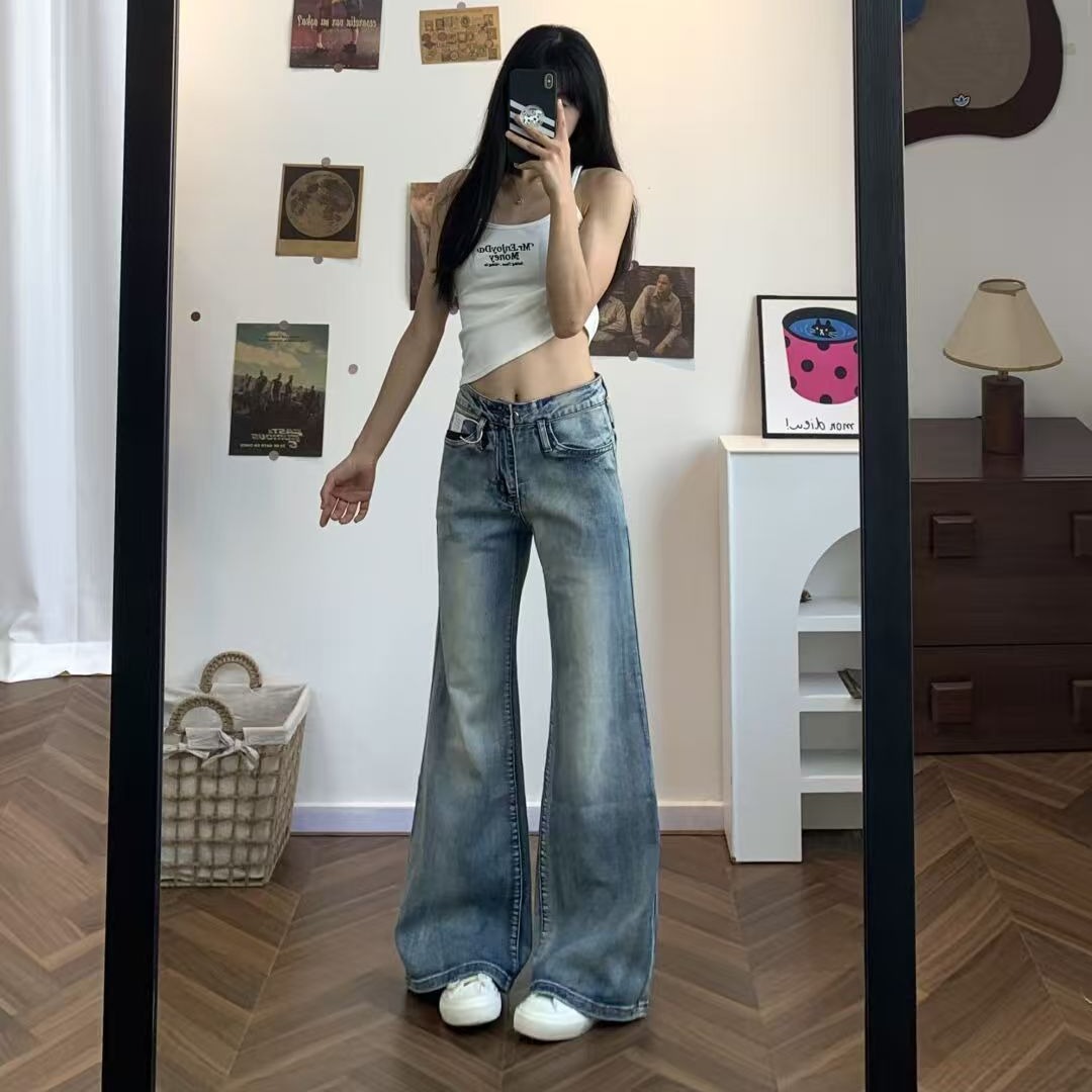 小個子美式高街辣妹淺藍色設計感牛仔褲女秋季不貼腿顯瘦微喇叭褲