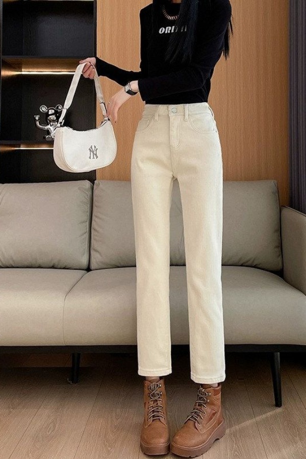 MY16628# 杏色九分直筒牛仔裤新款小个子高腰显瘦百搭烟管裤女裝貨源服裝批發