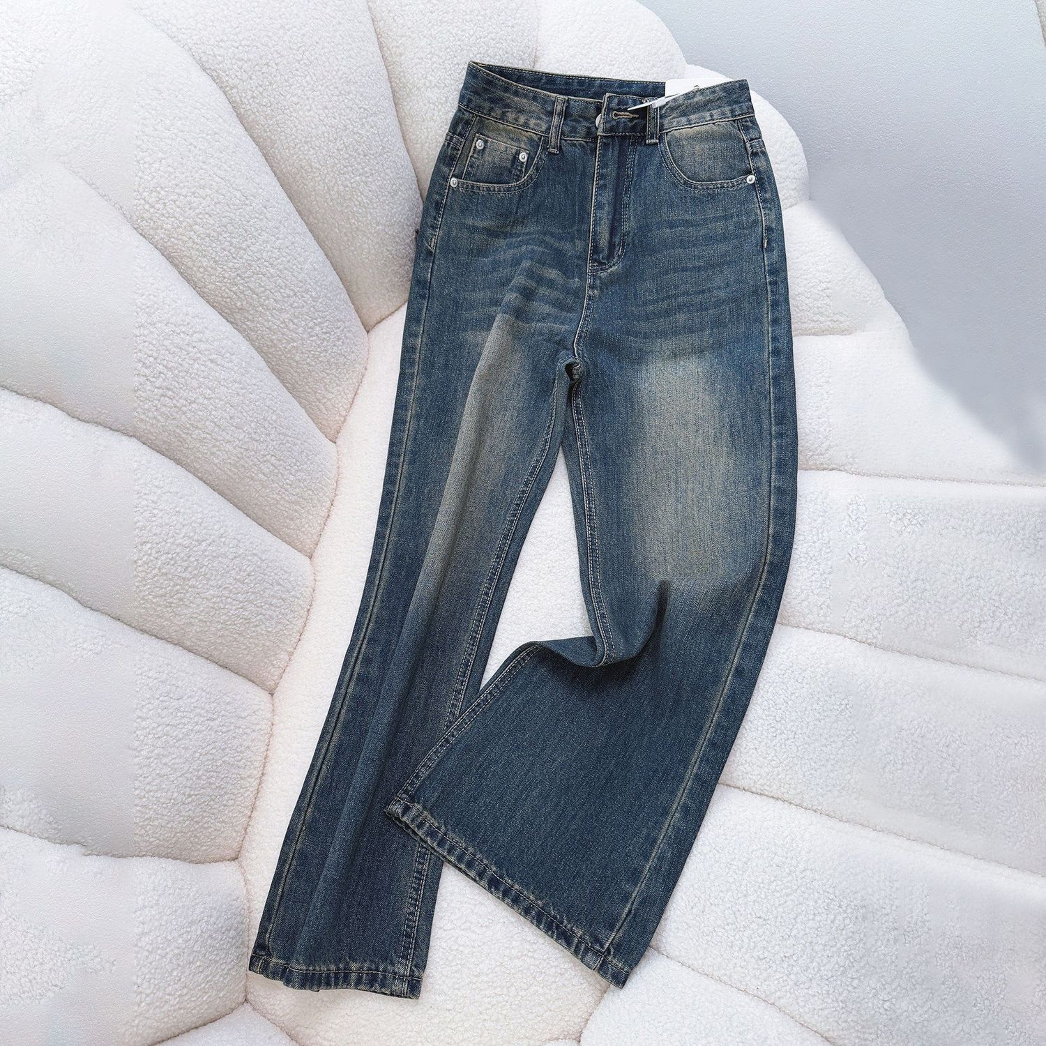 MY16634# 蓝色水洗阔腿牛仔裤新款时尚高腰宽松百搭简约微喇裤子女裝貨源服裝批發