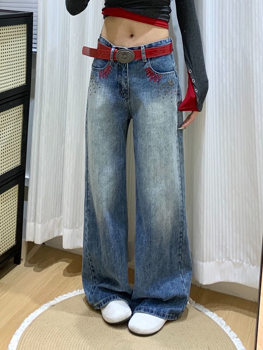 復古藍直筒牛仔褲女2026新款竹節紋美式刺繡設計感寬松顯瘦闊腿褲