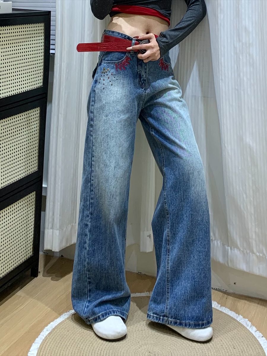 復古藍直筒牛仔褲女2026新款竹節紋美式刺繡設計感寬松顯瘦闊腿褲