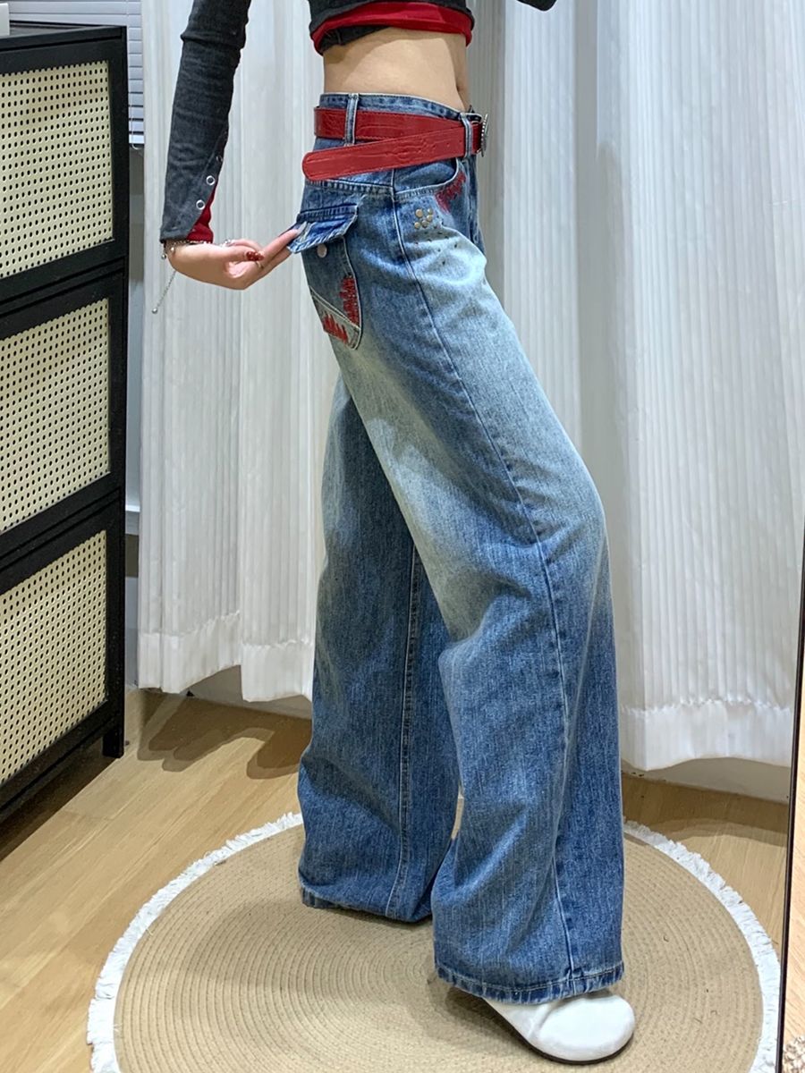 復古藍直筒牛仔褲女2026新款竹節紋美式刺繡設計感寬松顯瘦闊腿褲
