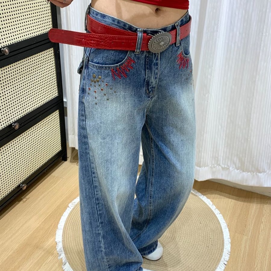 復古藍直筒牛仔褲女2026新款竹節紋美式刺繡設計感寬松顯瘦闊腿褲
