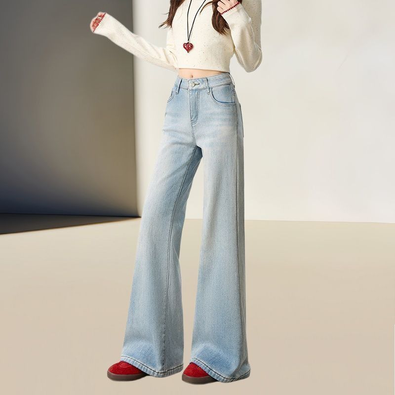 美式淺藍闊腿微喇牛仔褲女春季2026年新款寬松顯瘦遮肉垂感拖地褲