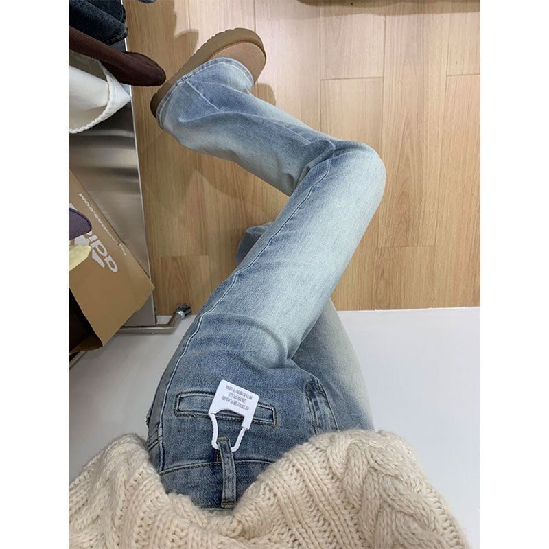 小個子美式高街水洗淺藍色微喇牛仔褲女彈力顯瘦百搭設計感喇叭褲