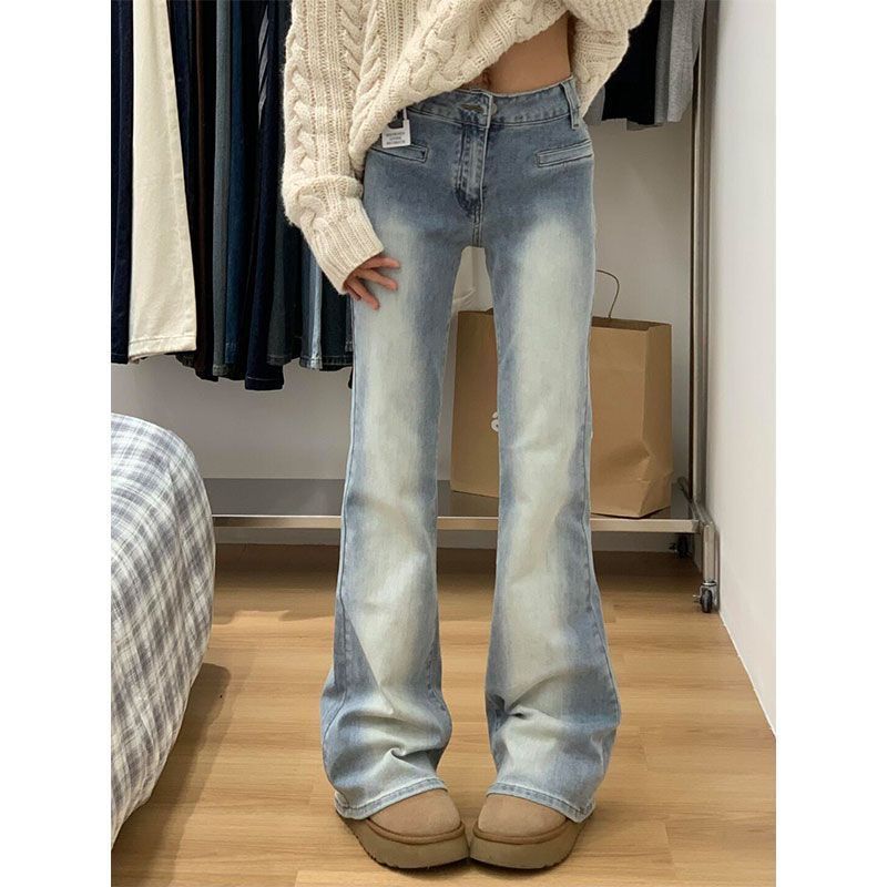 小個子美式高街水洗淺藍色微喇牛仔褲女彈力顯瘦百搭設計感喇叭褲