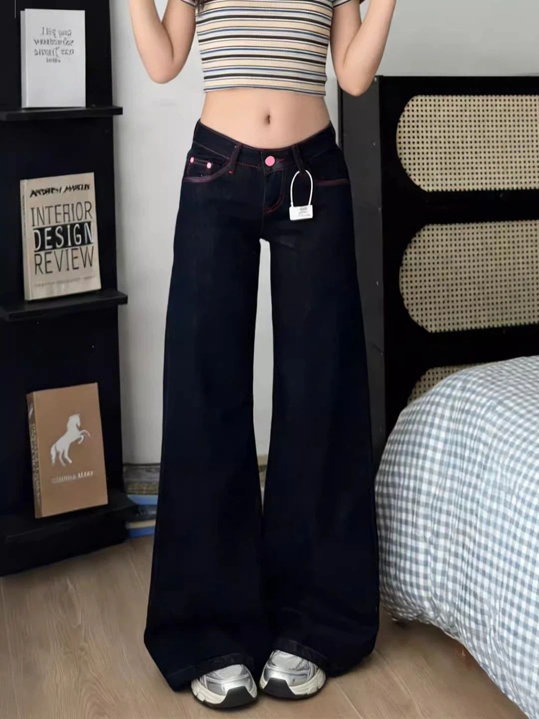 小個子復古撞色設計牛仔褲女原牛色春季新款寬松顯瘦拖地微喇褲