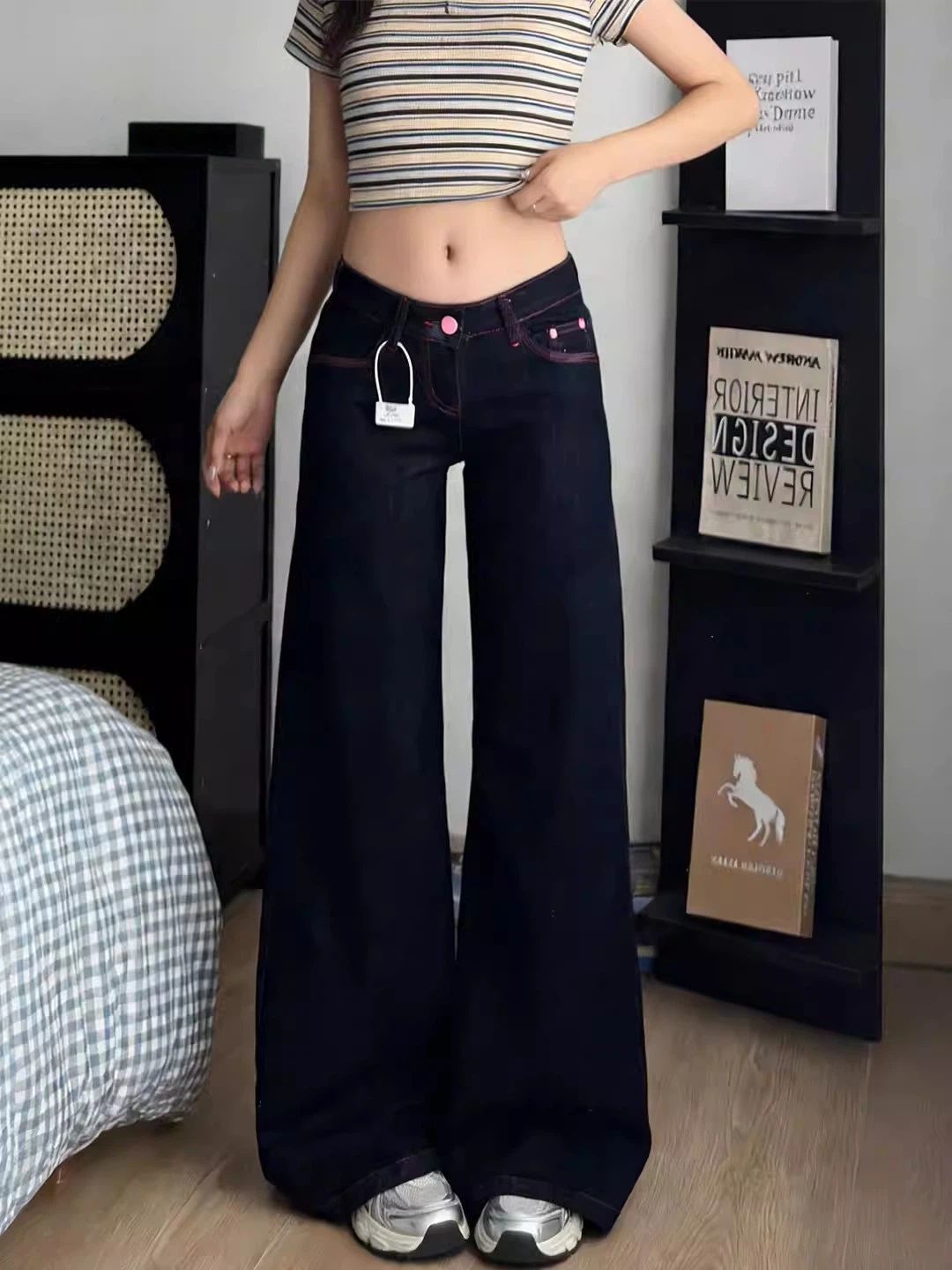 小個子復古撞色設計牛仔褲女原牛色春季新款寬松顯瘦拖地微喇褲