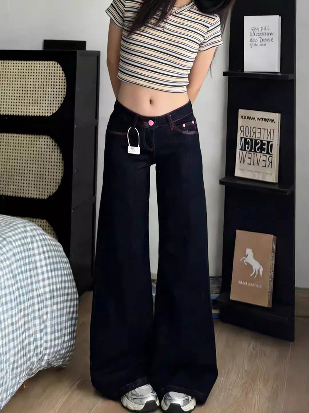 小個子復古撞色設計牛仔褲女原牛色春季新款寬松顯瘦拖地微喇褲