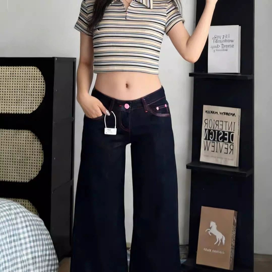 小個子復古撞色設計牛仔褲女原牛色春季新款寬松顯瘦拖地微喇褲