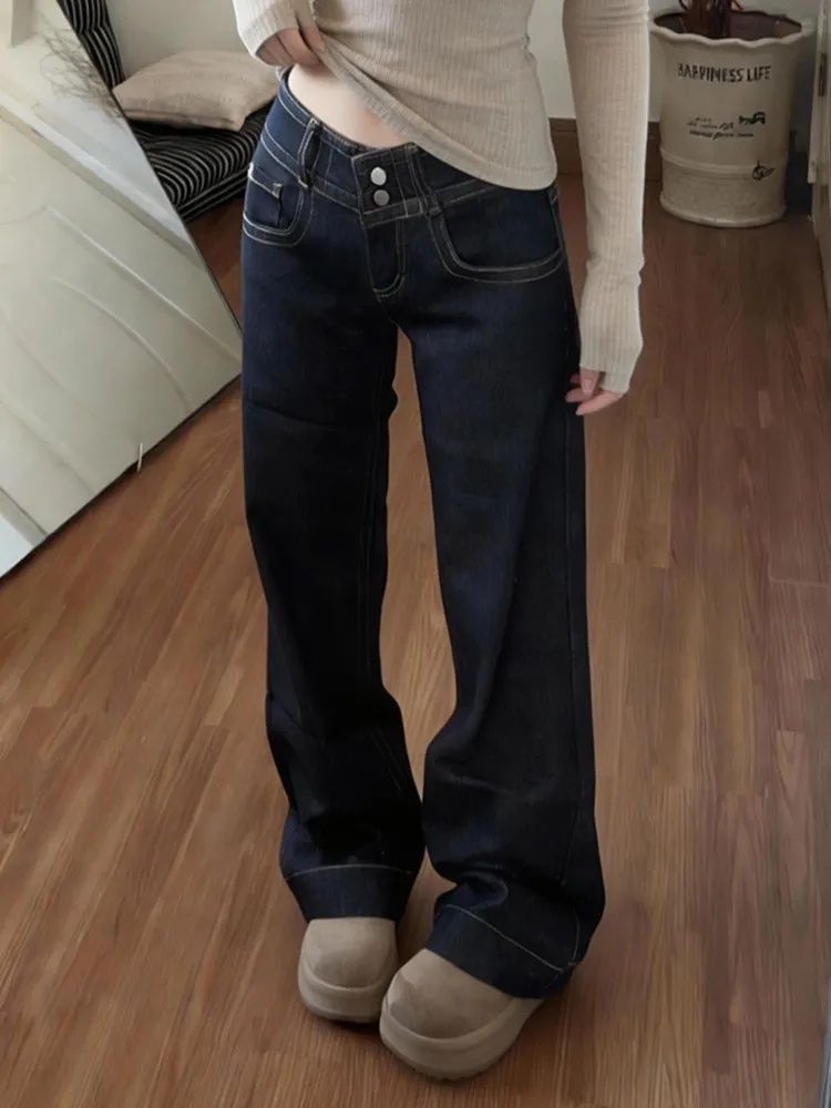 復古辣妹雙扣設計感微喇牛仔褲女低腰寬松顯瘦百搭不貼腿拖地褲子