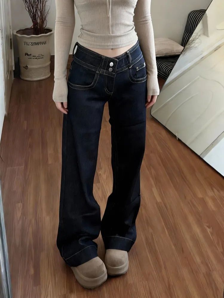 復古辣妹雙扣設計感微喇牛仔褲女低腰寬松顯瘦百搭不貼腿拖地褲子