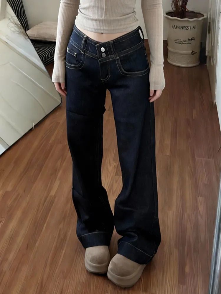 復古辣妹雙扣設計感微喇牛仔褲女低腰寬松顯瘦百搭不貼腿拖地褲子