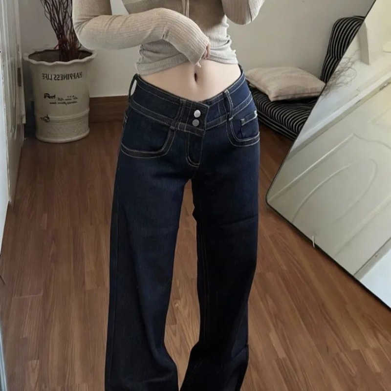 復古辣妹雙扣設計感微喇牛仔褲女低腰寬松顯瘦百搭不貼腿拖地褲子