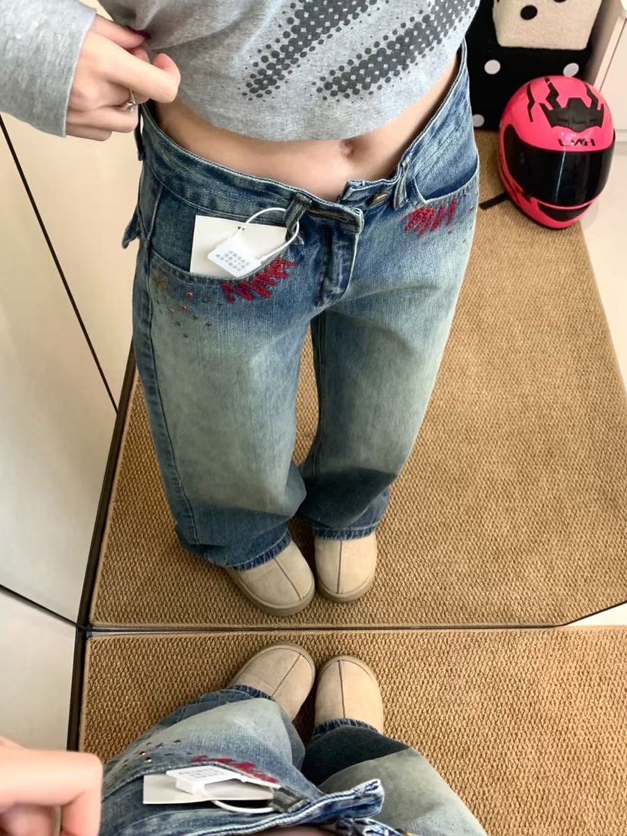 時尚設計感刺燙鉆繡闊腿牛仔褲女高腰寬松顯瘦百搭直筒拖地長褲潮