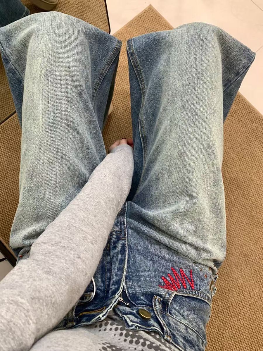 時尚設計感刺燙鉆繡闊腿牛仔褲女高腰寬松顯瘦百搭直筒拖地長褲潮