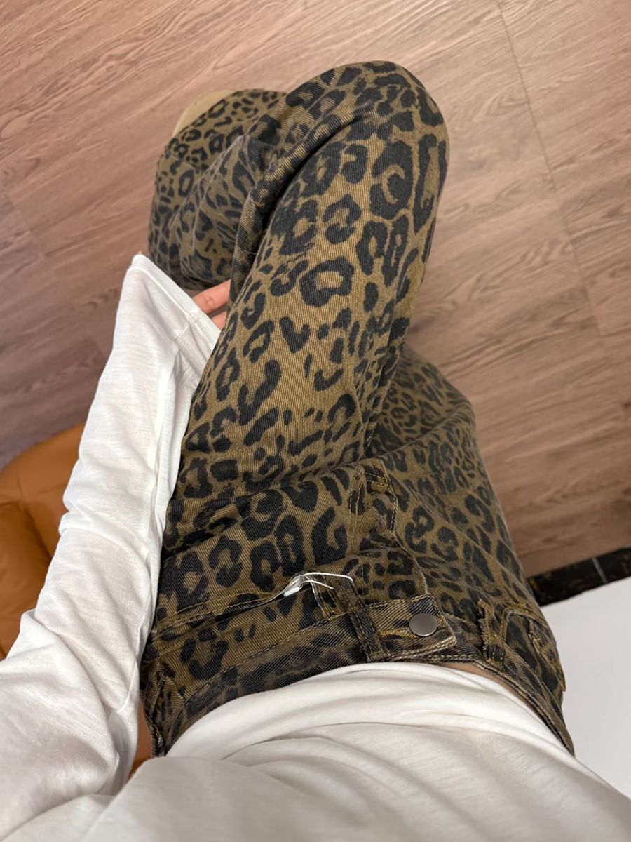 美式高街闊腿豹紋牛仔褲女春季復古高腰寬松小眾咖棕拖地休閑褲子