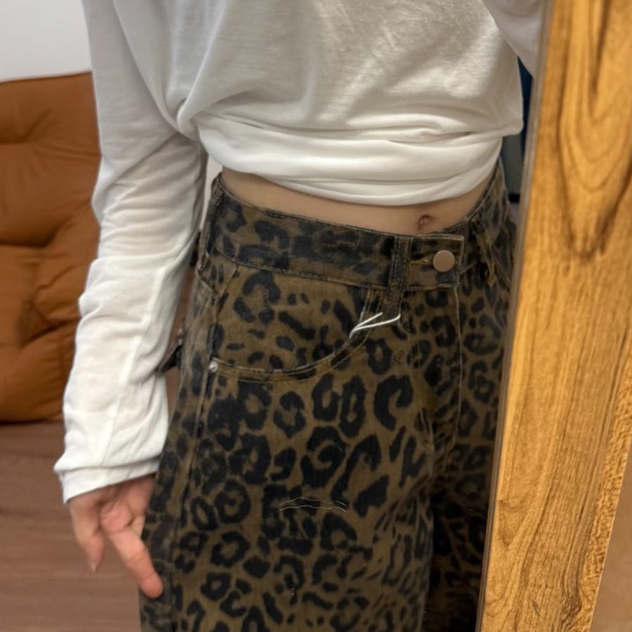 美式高街闊腿豹紋牛仔褲女春季復古高腰寬松小眾咖棕拖地休閑褲子