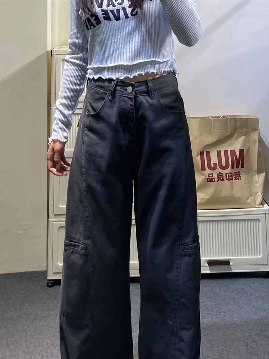 美式復古黑色休閑直筒工裝牛仔褲女春季高腰寬松遮肉闊腿拖地褲潮